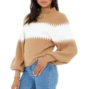 French Connection Sofia Balloon Sleeve Mock Neck Sweater in Tan & White